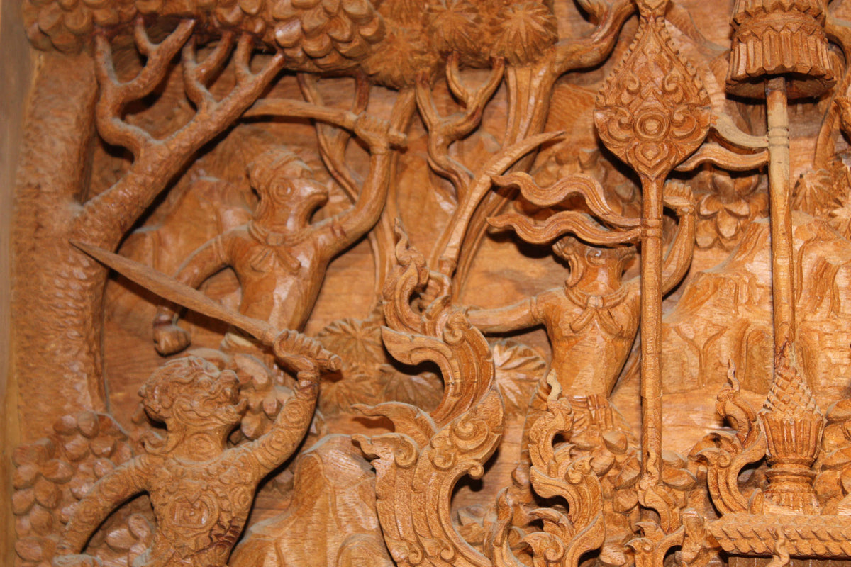 Ramayana carved teak relief - large - farangshop-co