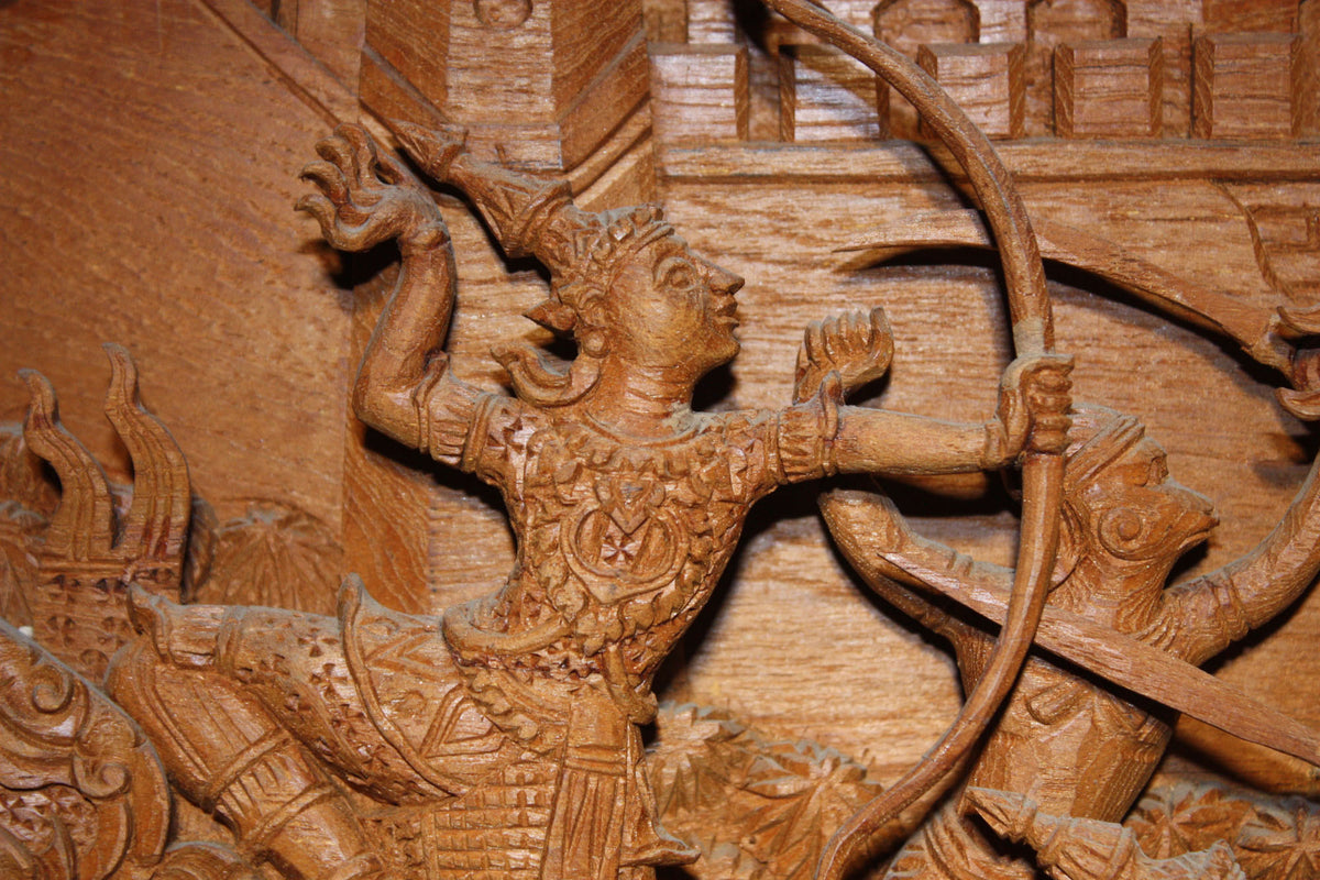 Ramayana carved teak relief - large - farangshop-co