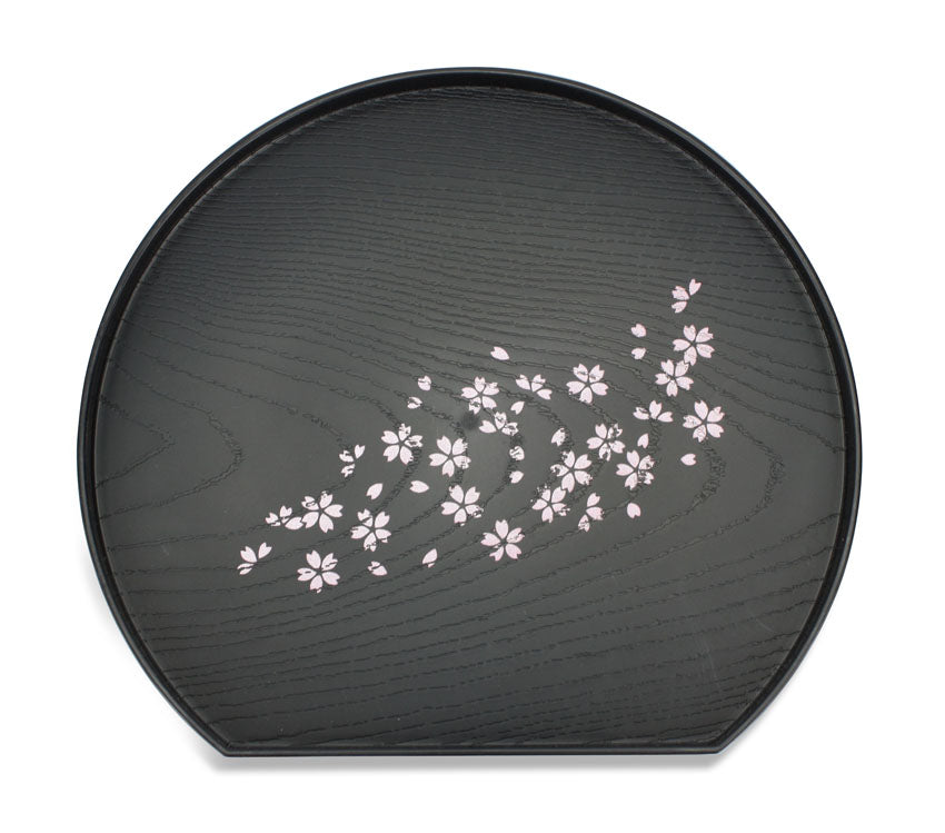 Japanese Lacquer Serving Tray, Simulated floral sakura wood grain Design, 22.5cm half moon shape, for Tea, Sake, Sushi, Sashimi - farangshop-co