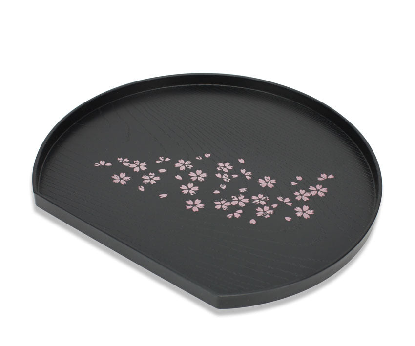 Japanese Lacquer Serving Tray, Simulated floral sakura wood grain Design, 22.5cm half moon shape, for Tea, Sake, Sushi, Sashimi - farangshop-co