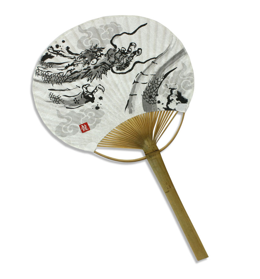 Decorative Japanese Paper Fan - Ink Painting of a Dragon - farangshop-co