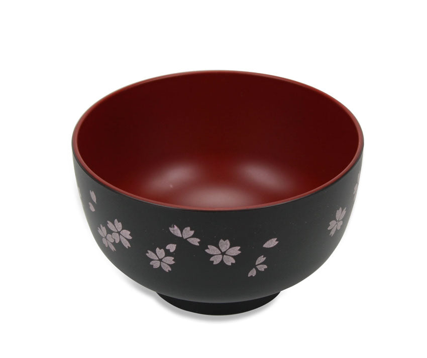 Japanese Lacquer Rice Bowl-Soup Bowl, 11cm, Floral Sakura design Black with Red Interior - farangshop-co