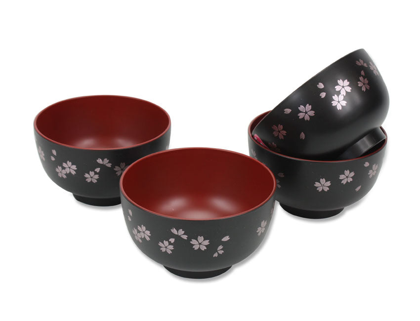 Japanese Lacquer Rice Bowl-Soup Bowl, 11cm, Floral Sakura design Black with Red Interior - farangshop-co