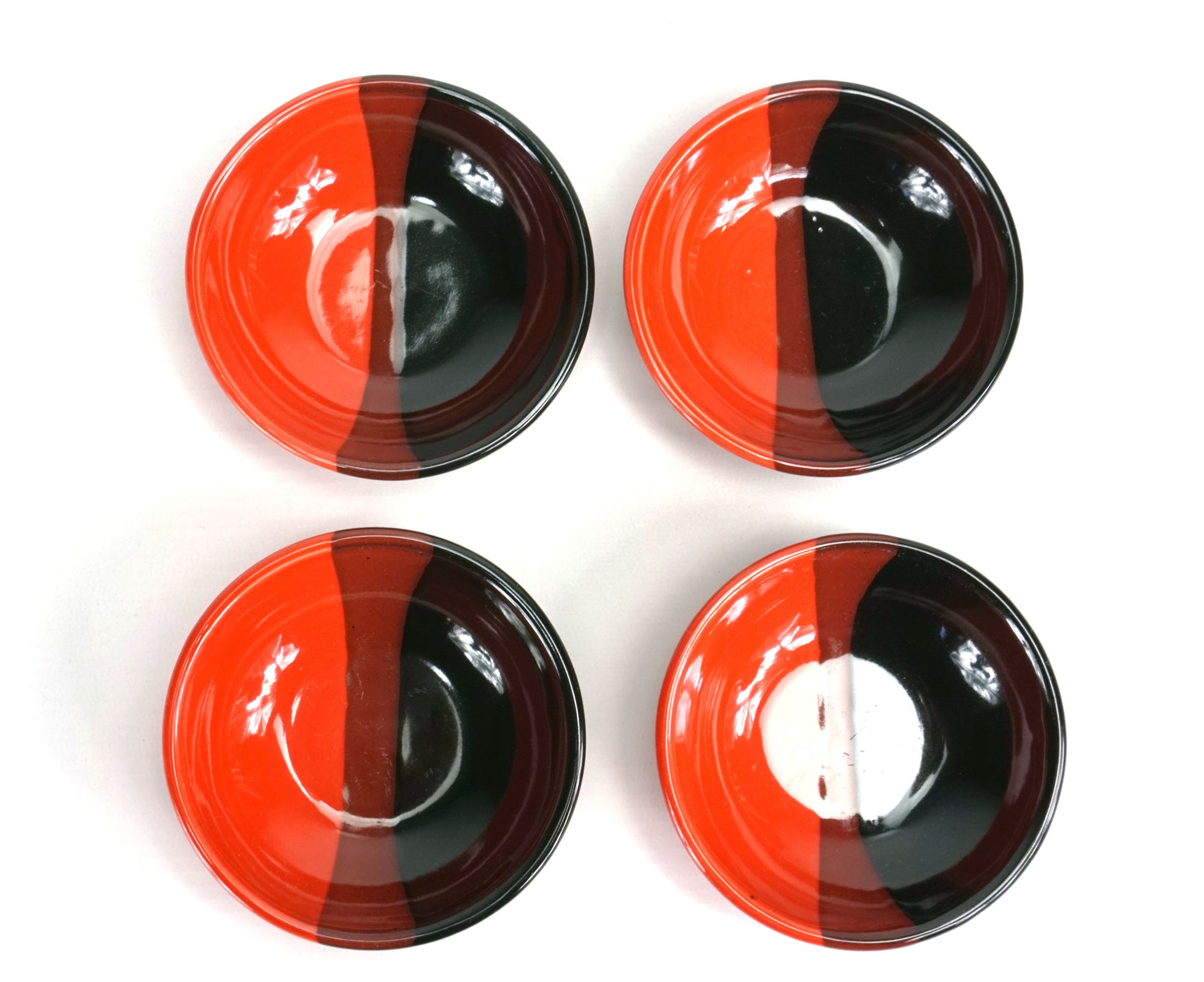 Japanese style Sushi Sashimi Soy Sauce Dipping Tray, Condiment Dish, Gloss dipped red glaze, Set of 4. - farangshop-co