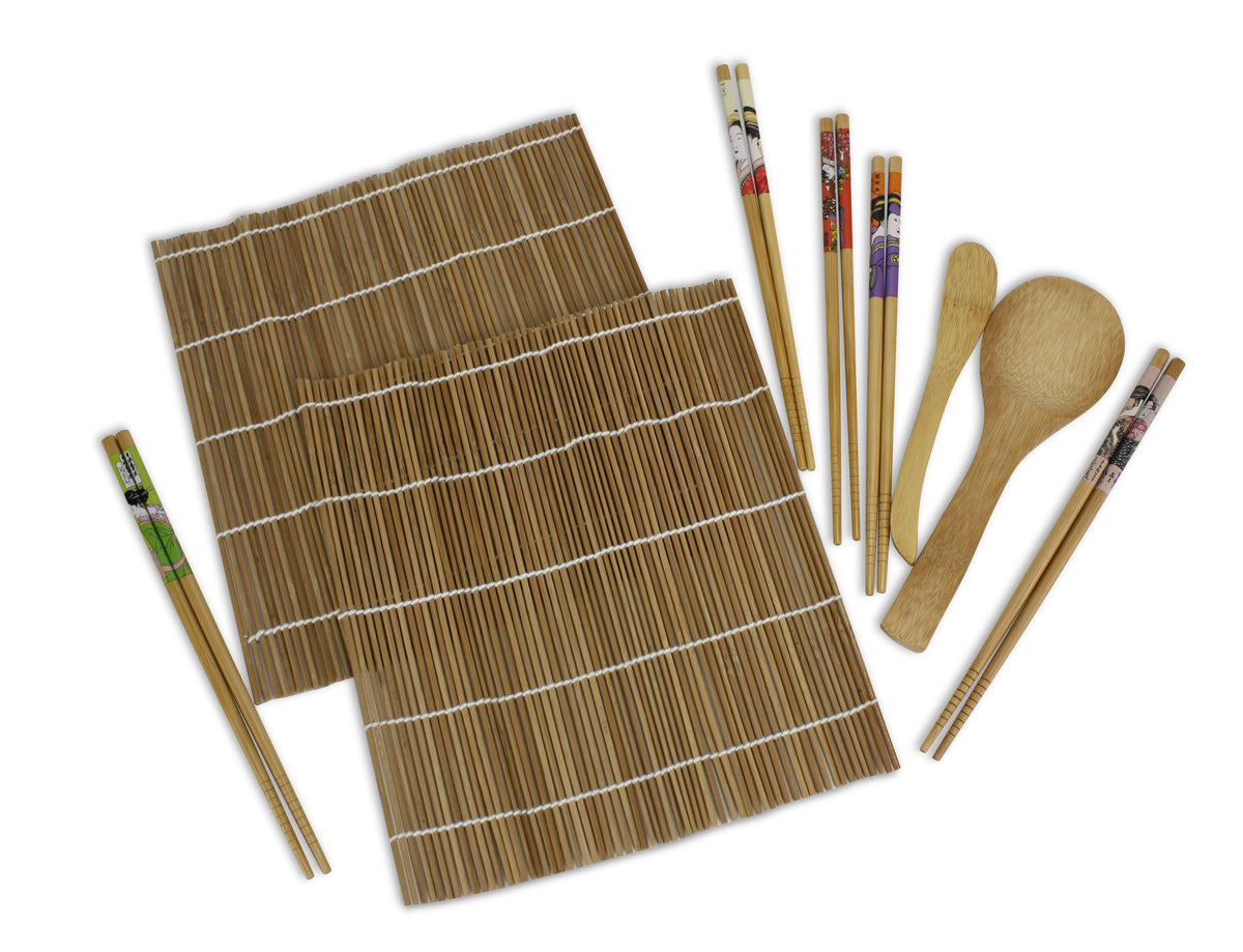 Bamboo 9 Piece Ukiyo-e Sushi Set. Chopsticks, Rolling mats, Rice paddle &amp; spoon set. - farangshop-co