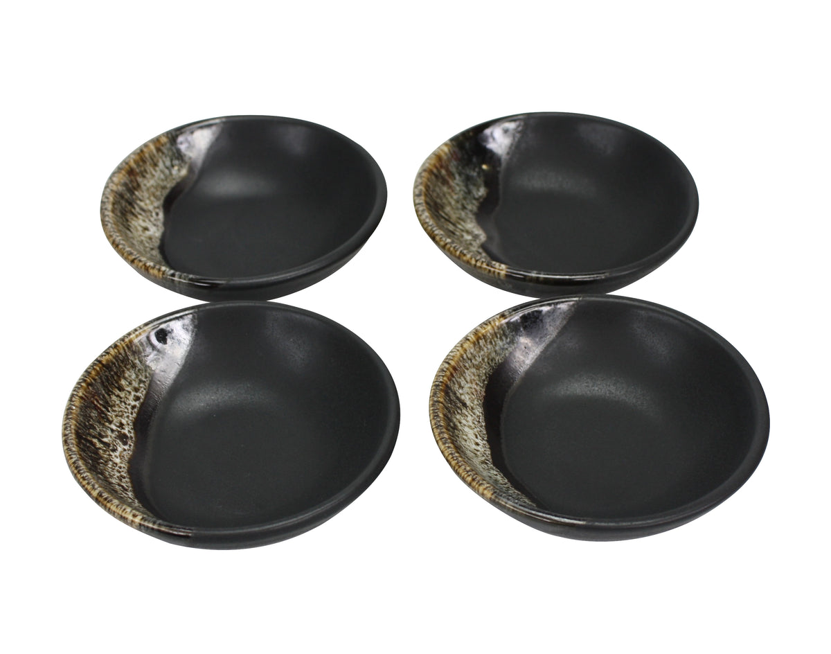 Japanese style Sushi Sashimi Soy Sauce Dipping Tray, Condiment Dish, Grey with dipped brown glaze, Set of 4 - farangshop-co