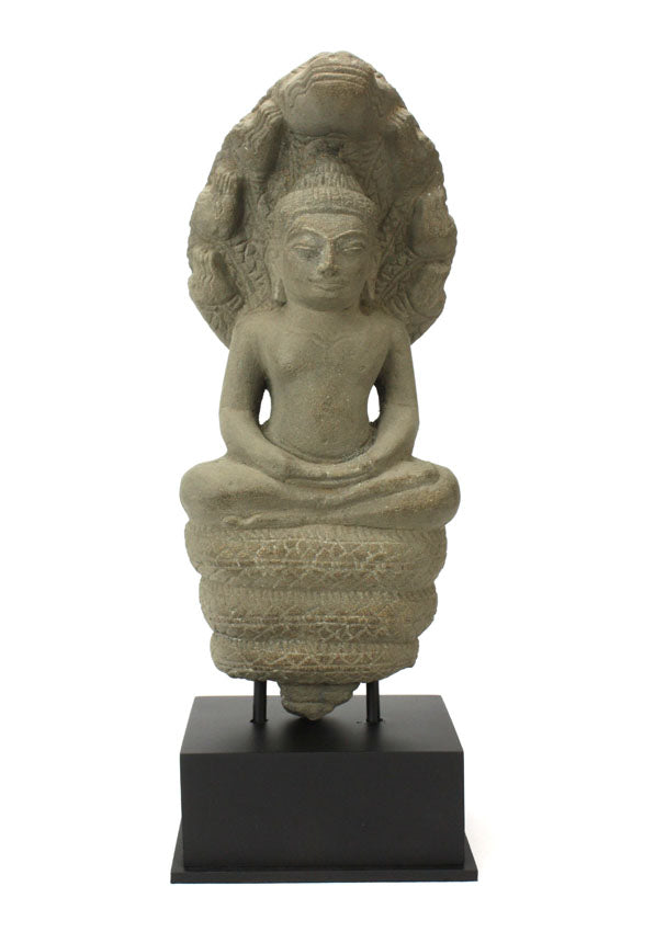 Khmer stone carving, Buddha seated on naga, 36cm - farangshop-co