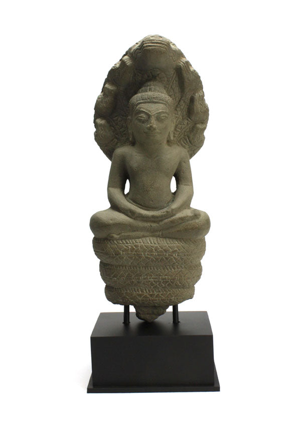 Khmer stone carving, Buddha seated on naga, 36cm - farangshop-co