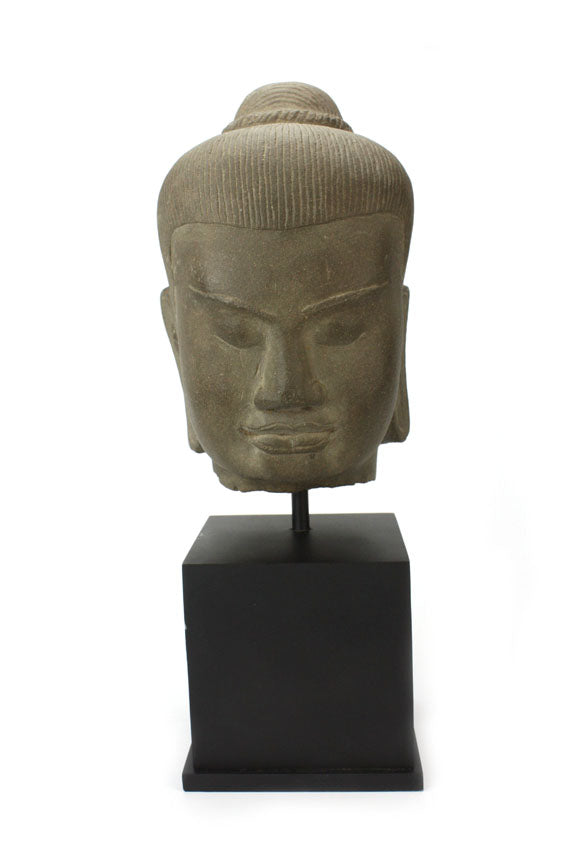 Khmer stone carving, King Jayavarman VII head, 38cm - farangshop-co
