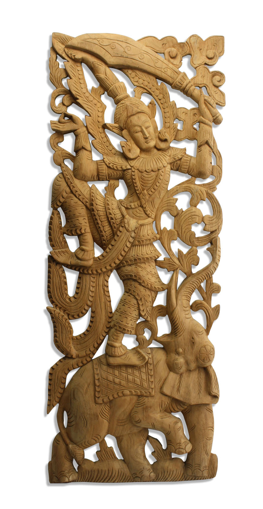 Thai woodcarved teak panels - Elephant with kinaree and kinara - farangshop-co