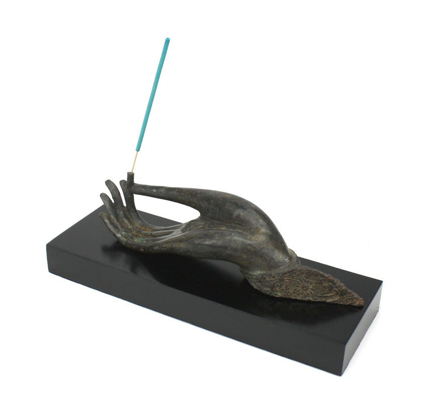 Buddha hand incense or tealight candle holder - large bronze metal - farangshop-co