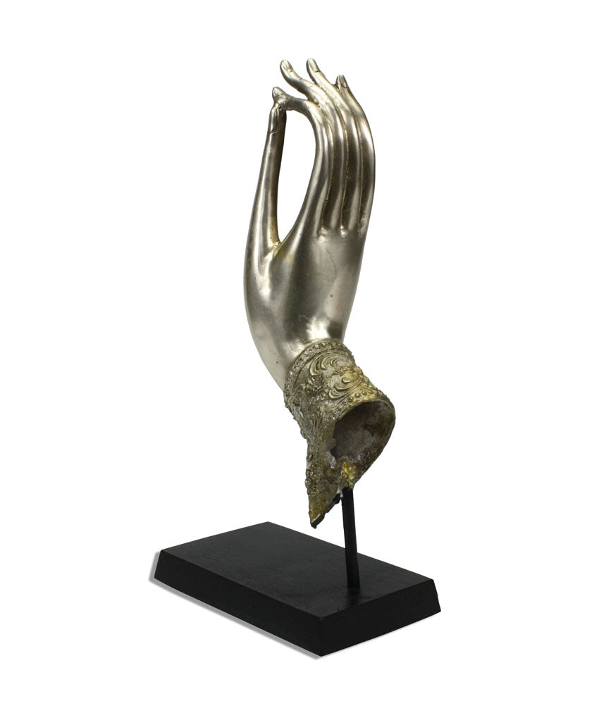 Buddha hand, Silver metal upward, on black wooden stand - Large size, 33cm - farangshop-co