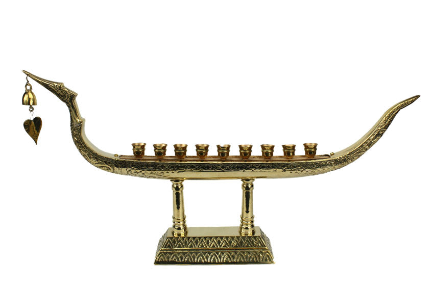 Very large Thai Suphannahong Royal Barge Brass Candle Holder, 9 Candles, 72cm long - farangshop-co