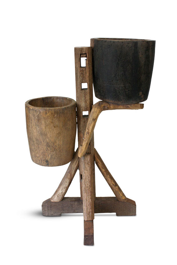 Reclaimed Thai teakwood plant holder, double, C - farangshop-co