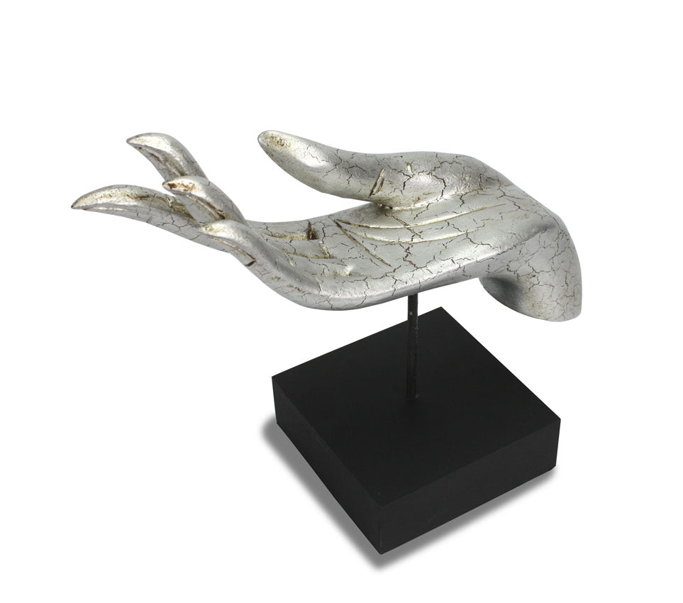 Buddha hand sculpture on stand - horizontal. Cracked Silver Colour. - farangshop-co