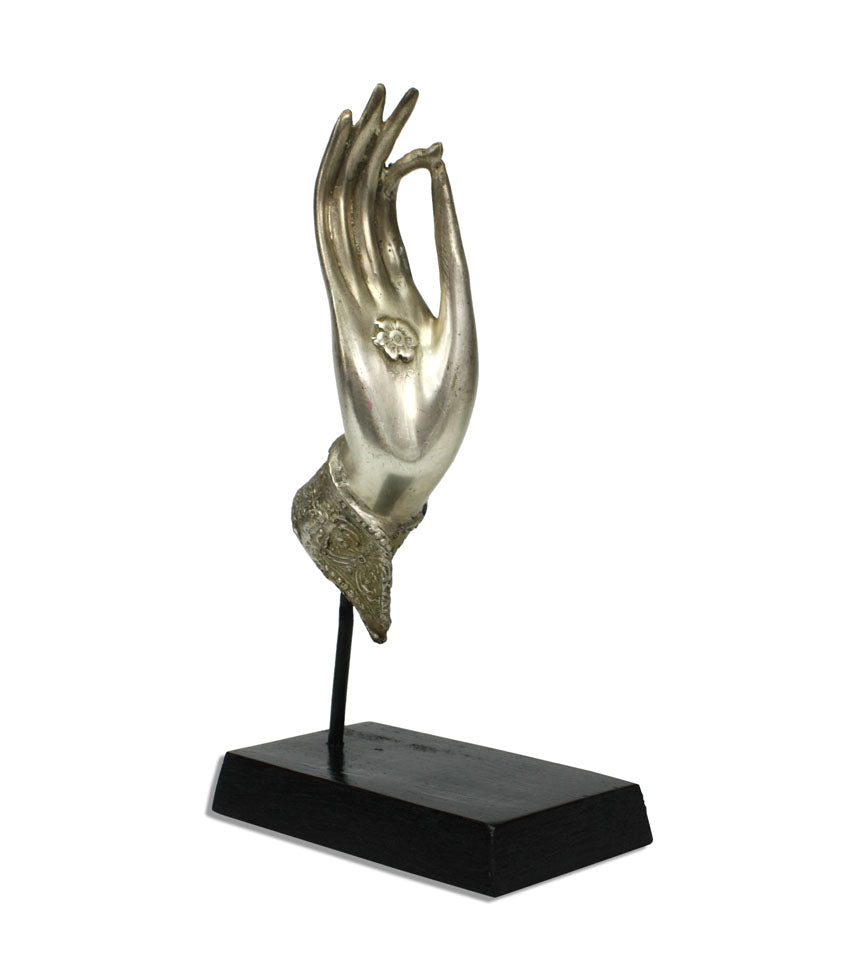 Buddha hand, Silver metal upward, on black wooden stand - 25cm Small size - farangshop-co