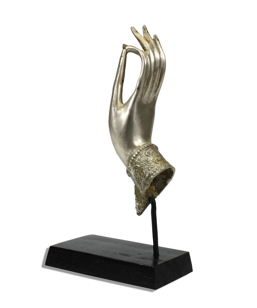 Buddha hand, Silver metal upward, on black wooden stand - 25cm Small size - farangshop-co