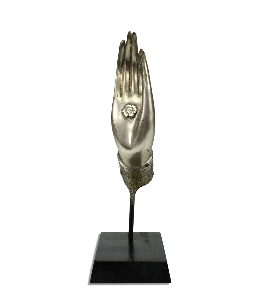 Buddha hand, Silver metal upward, on black wooden stand - 25cm Small size - farangshop-co
