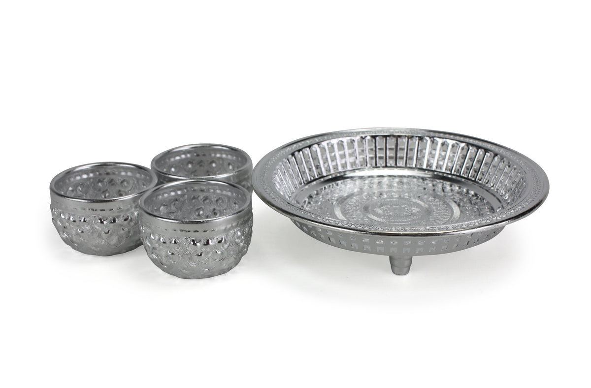 Thai Buddhist Offering Set - 3 cups and tray - silver - farangshop-co