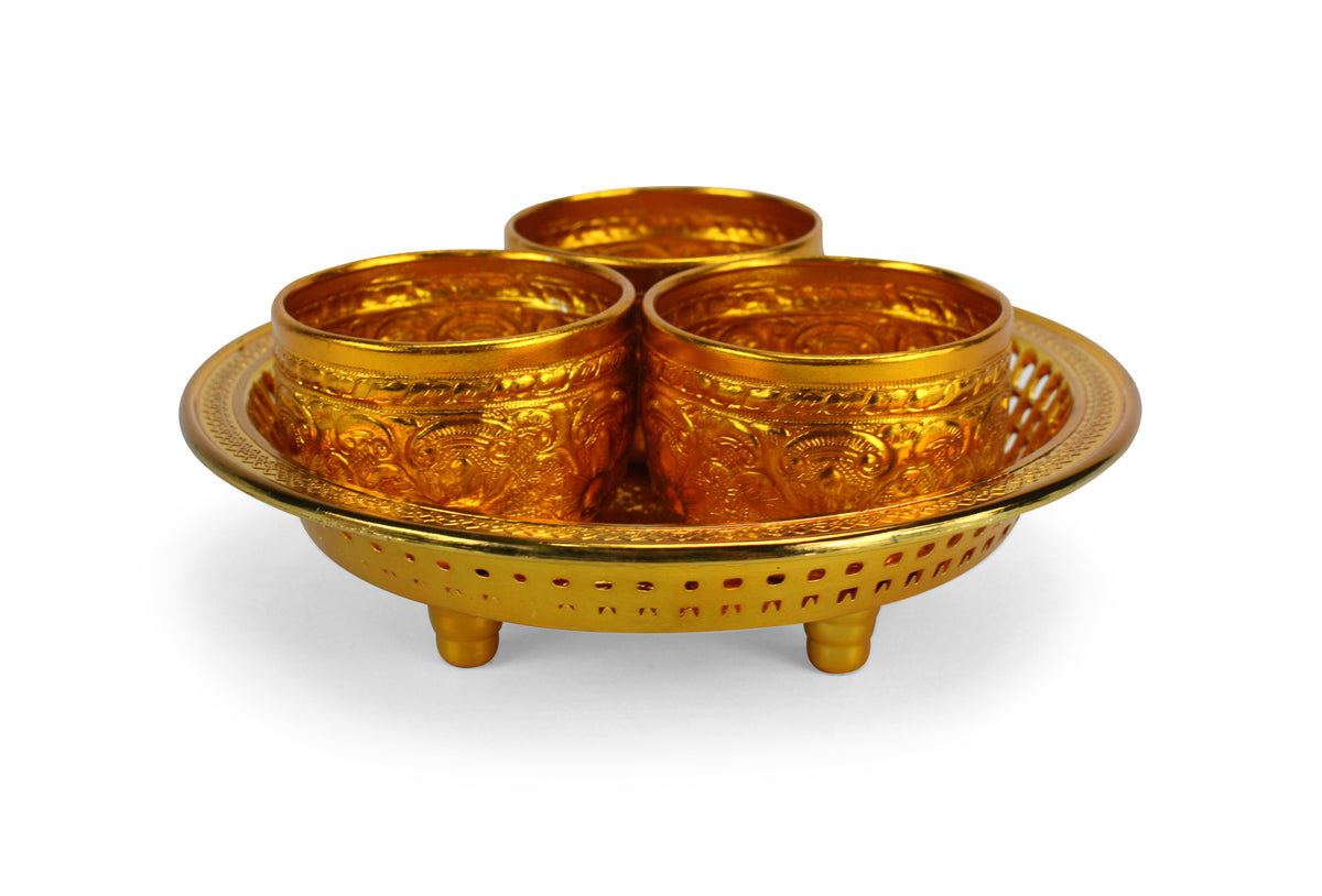 Thai Buddhist Offering Set - 3 cups and tray - gold - farangshop-co