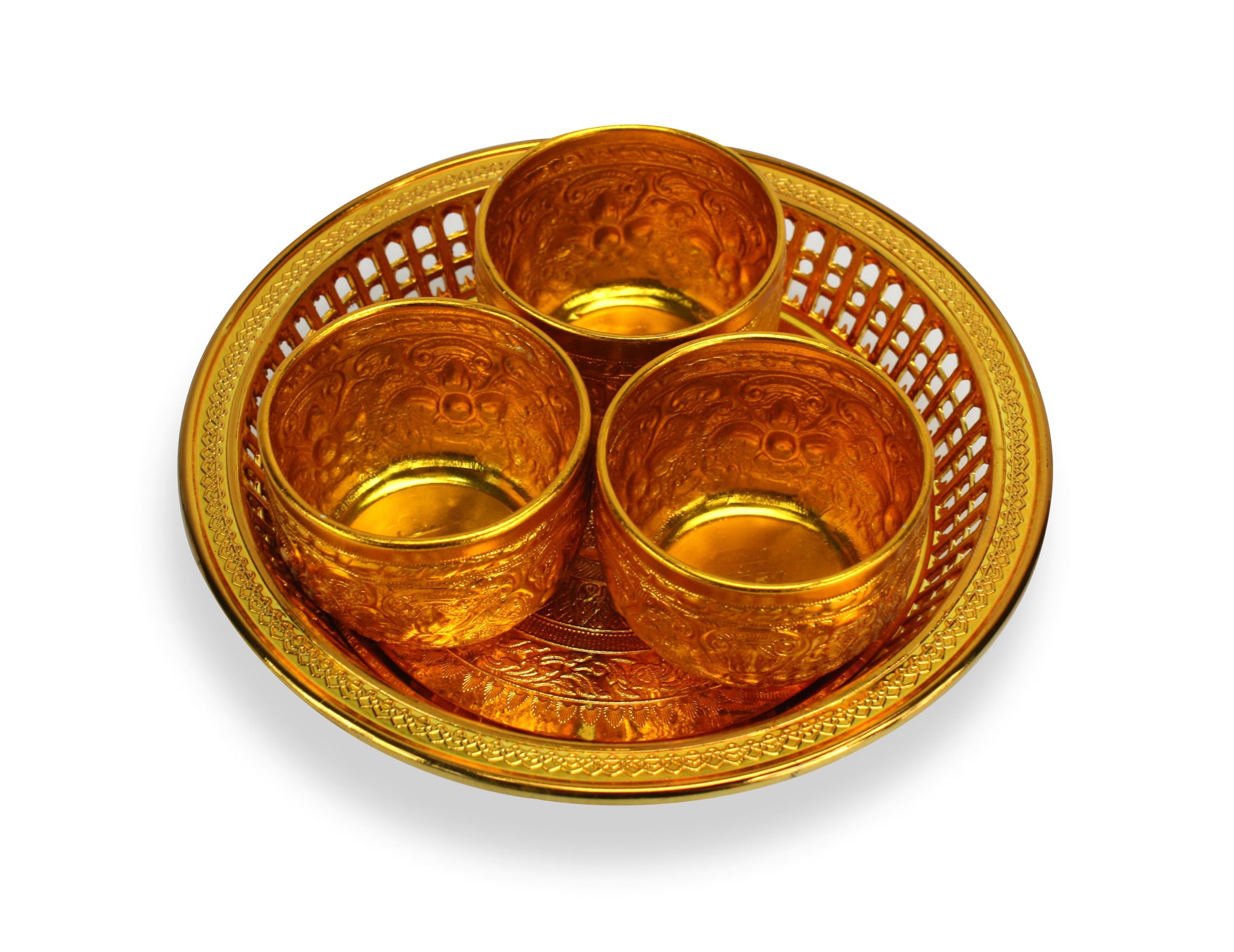 Thai Buddhist Offering Set - 3 cups and tray - gold - farangshop-co