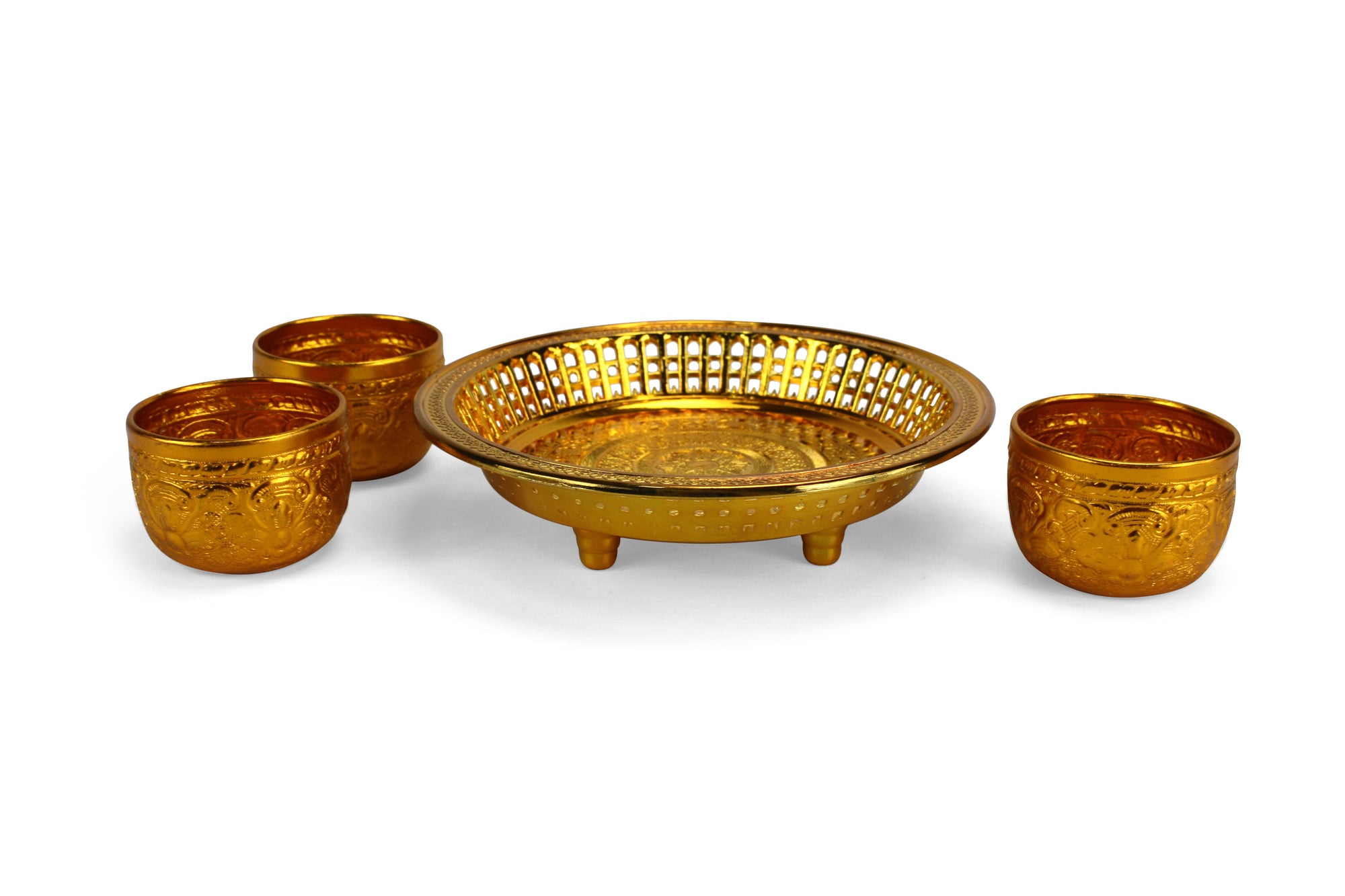 Thai Buddhist Offering Set - 3 cups and tray - gold - farangshop-co