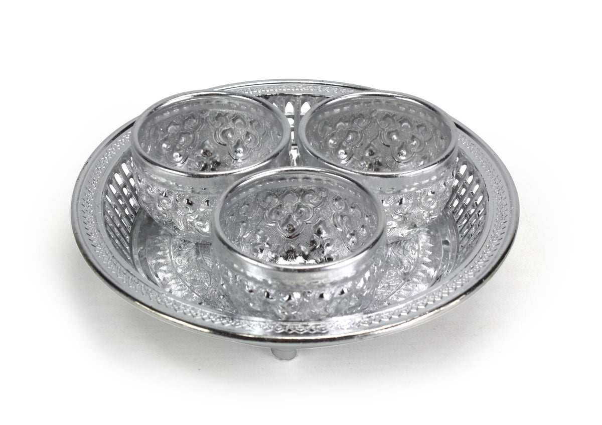 Thai Buddhist Offering Set - 3 cups and tray - silver - farangshop-co