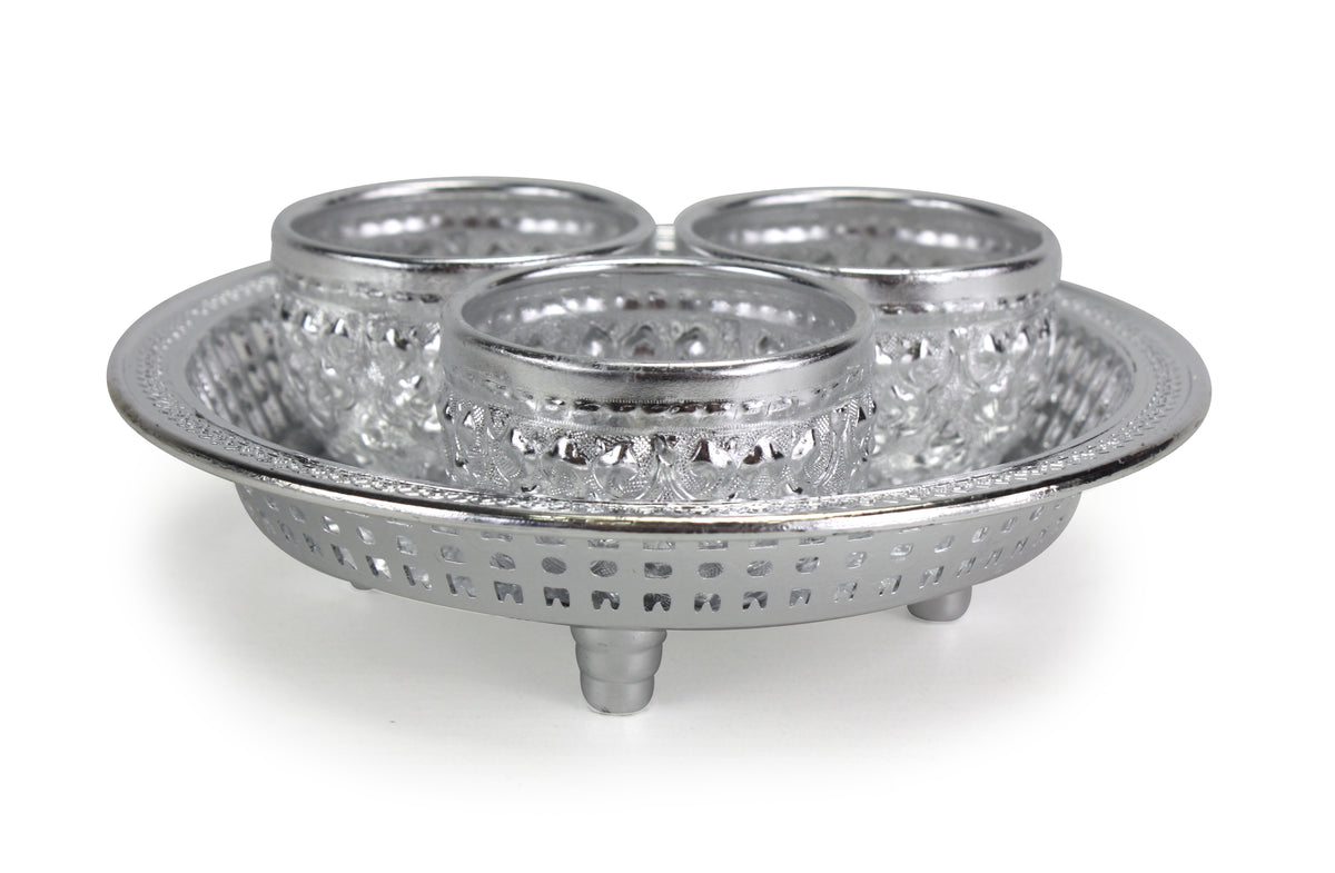 Thai Buddhist Offering Set - 3 cups and tray - silver - farangshop-co