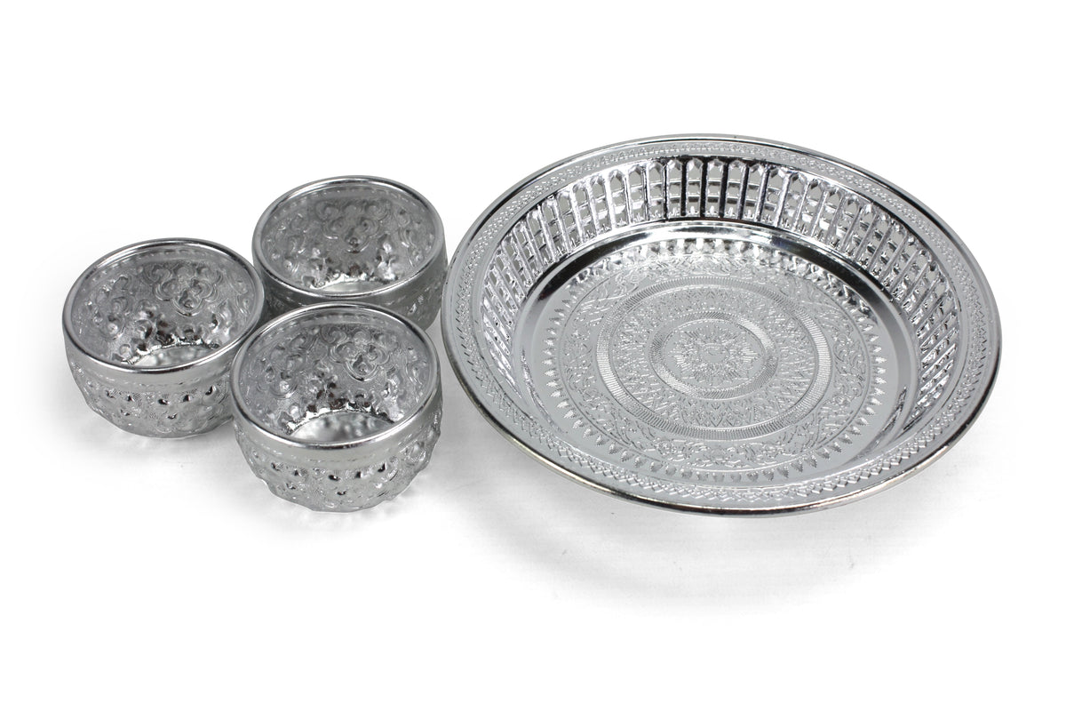 Thai Buddhist Offering Set - 3 cups and tray - silver - farangshop-co