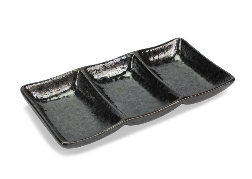 Japanese Sushi Sashimi Soy Sauce 3 Compartment Dipping Tray, Long Condiment Dish, Black - farangshop-co