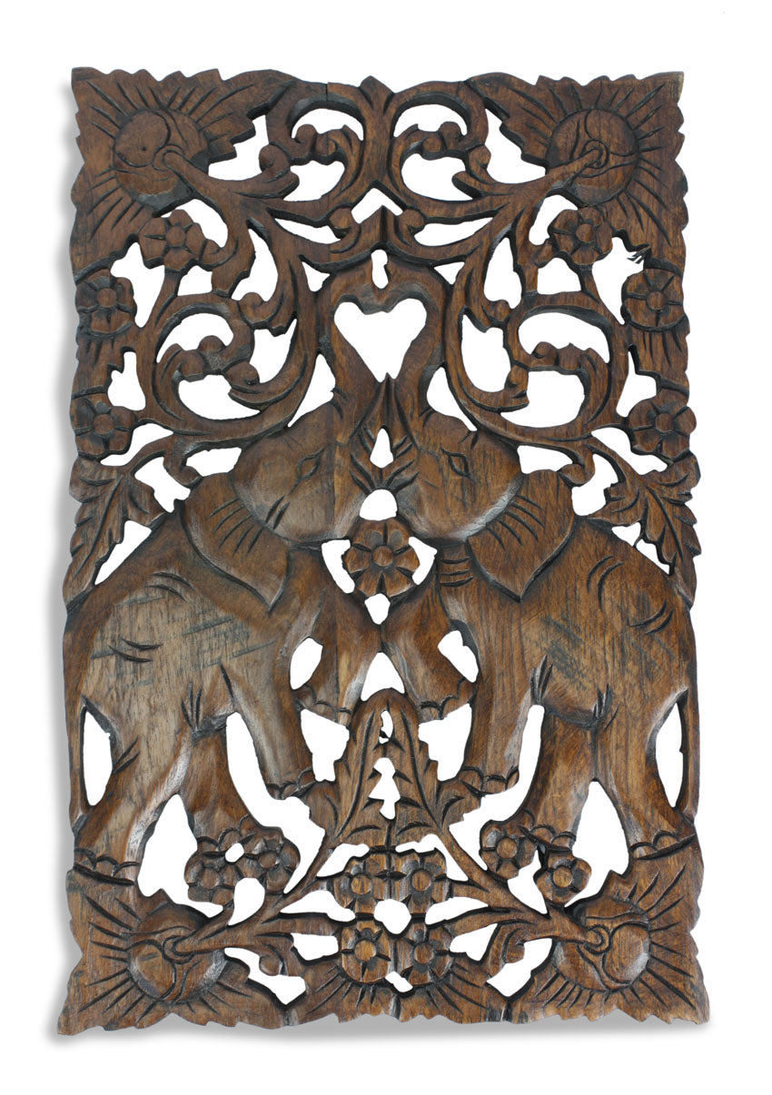 Hand carved teak wood panel, pair of elephants, single panel, 45cm x 29cm - farangshop-co