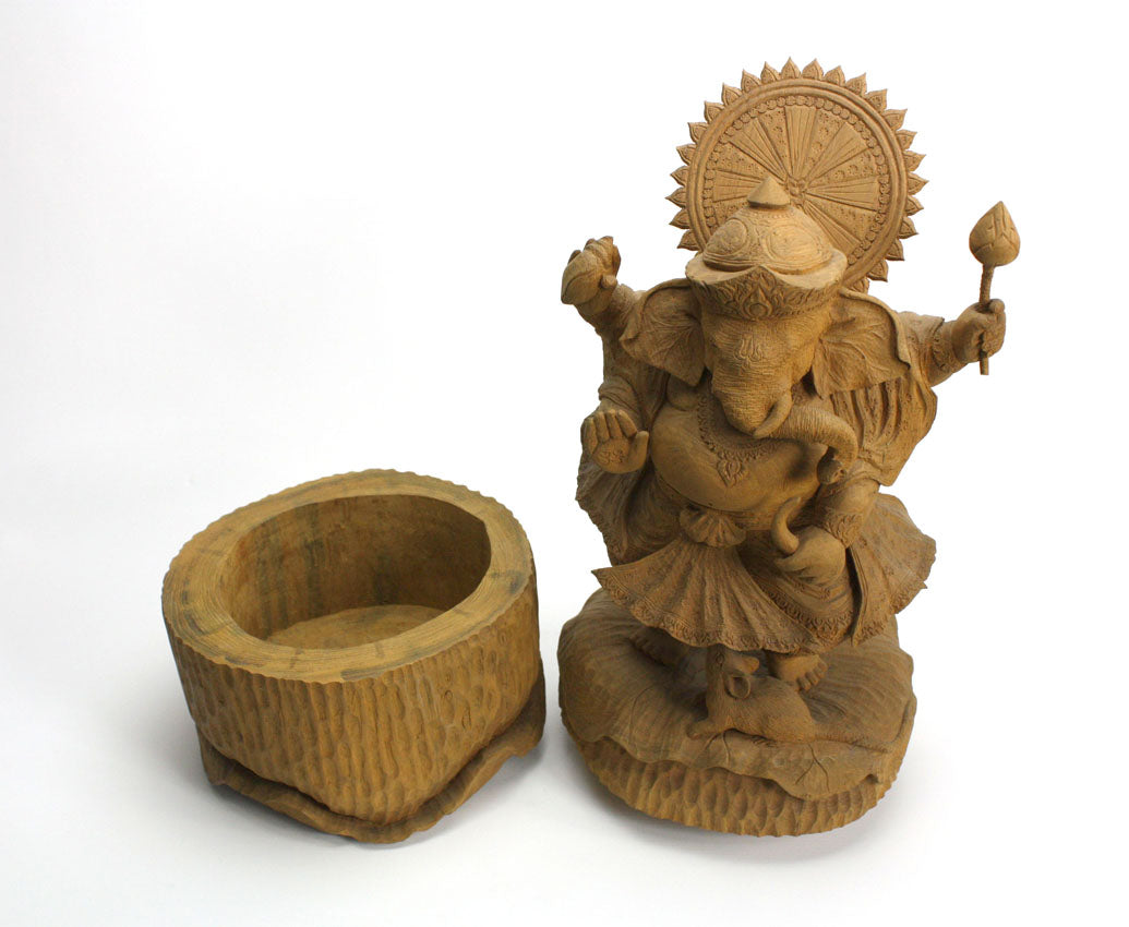 Wooden Ganesh statue with compartment underneath - large teakwood Thai sculpture - farangshop-co