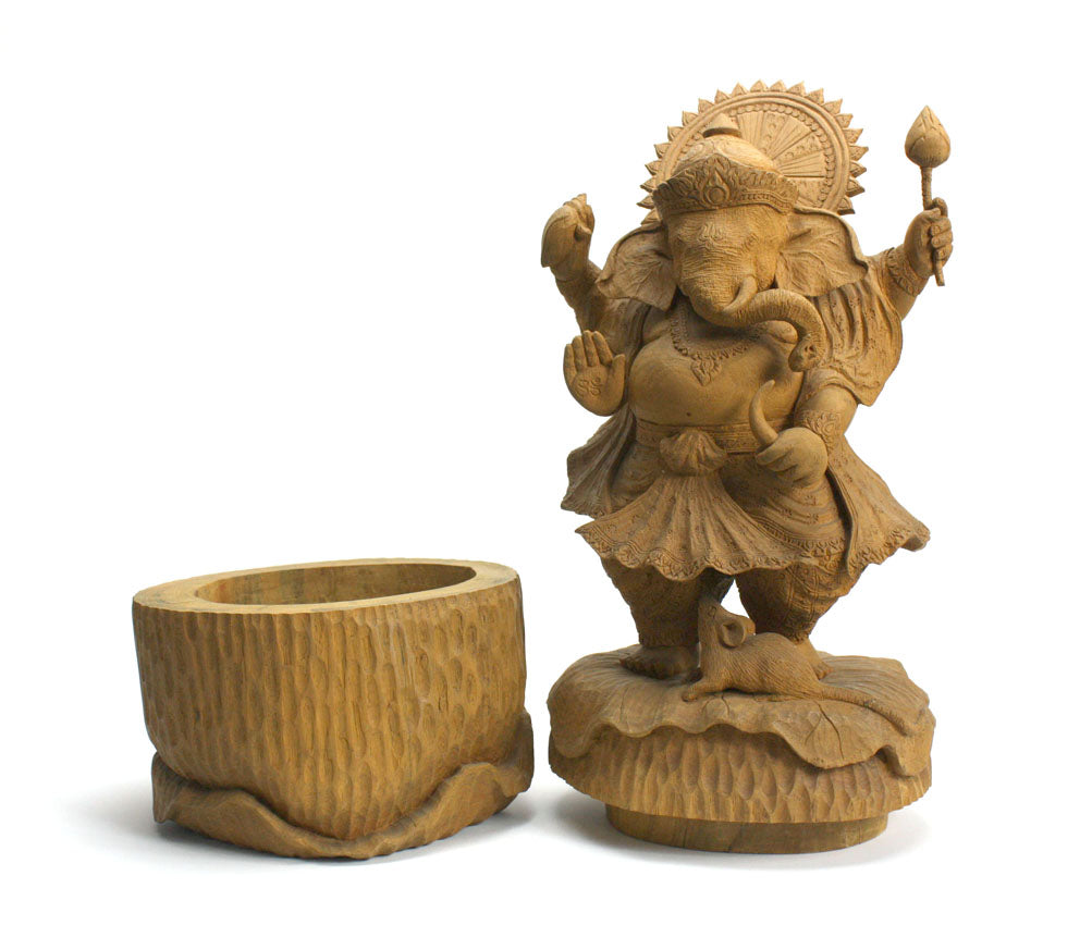 Wooden Ganesh statue with compartment underneath - large teakwood Thai sculpture - farangshop-co