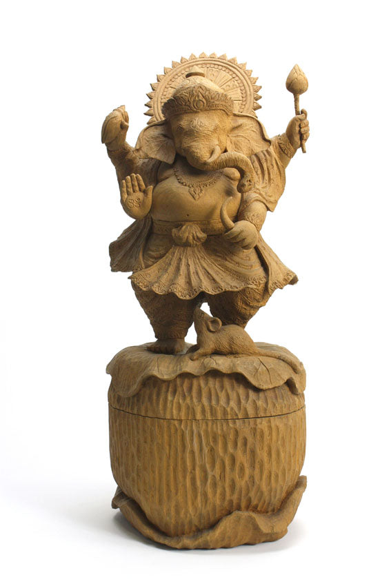 Wooden Ganesh statue with compartment underneath - large teakwood Thai sculpture - farangshop-co