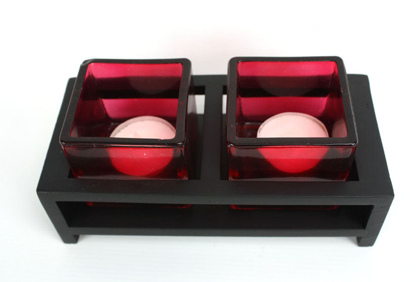 Thai Mango wood candle set - with 2 Glass Tealight holders - Different Colours to Choose From - farangshop-co