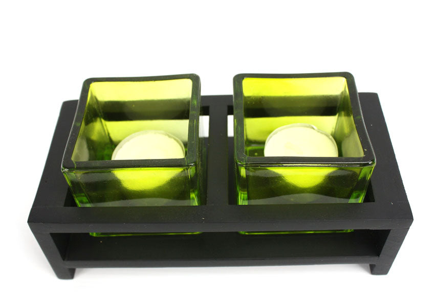 Thai Mango wood candle set - with 2 Glass Tealight holders - Different Colours to Choose From - farangshop-co