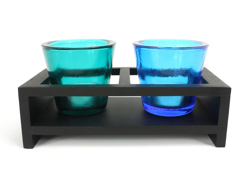 Thai Mango wood candle set - with 2 Glass Tealight holders - Different Colours to Choose From - farangshop-co