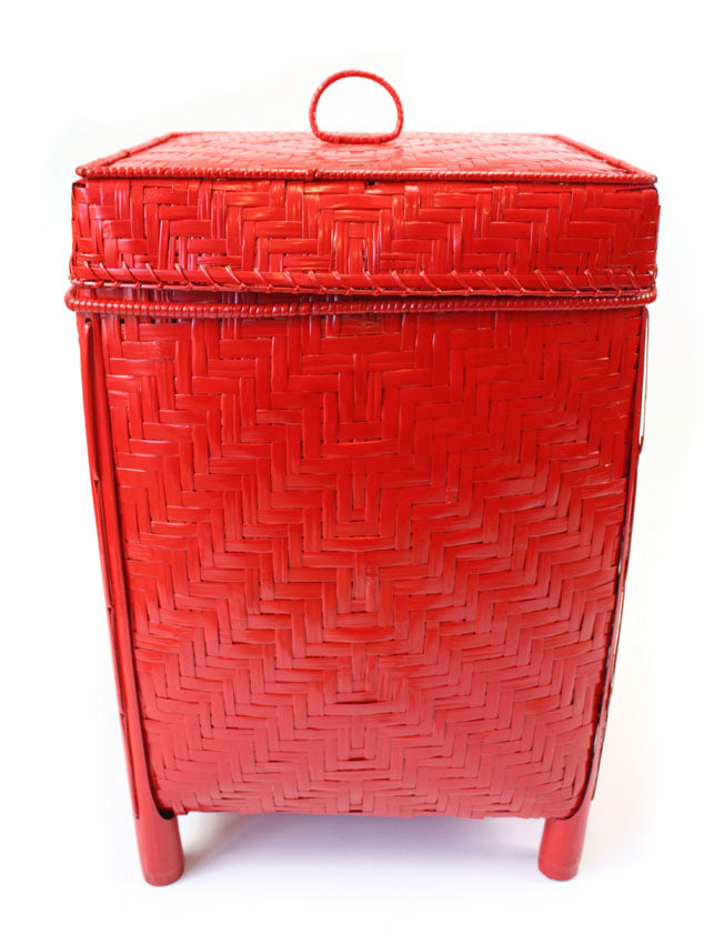 Lacquered Bamboo Laundry Basket, Lined, Red - farangshop-co