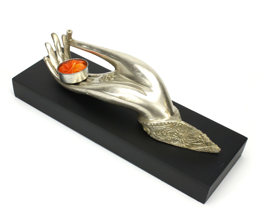 Buddha hand incense or tealight candle holder - large silver metal - farangshop-co