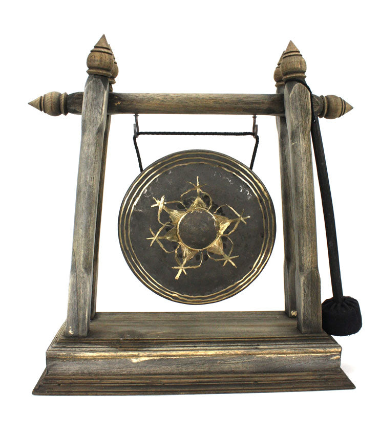 Thai metal gong - rustic light wood finish, 32cm high - farangshop-co