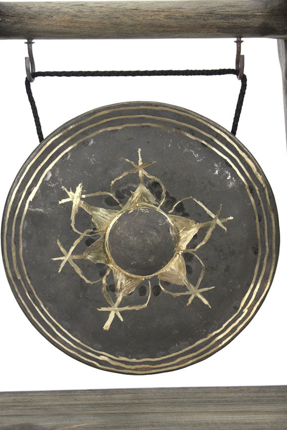 Thai metal gong - rustic light wood finish, 32cm high - farangshop-co