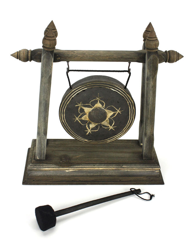 Thai metal gong - rustic light wood finish, 32cm high - farangshop-co