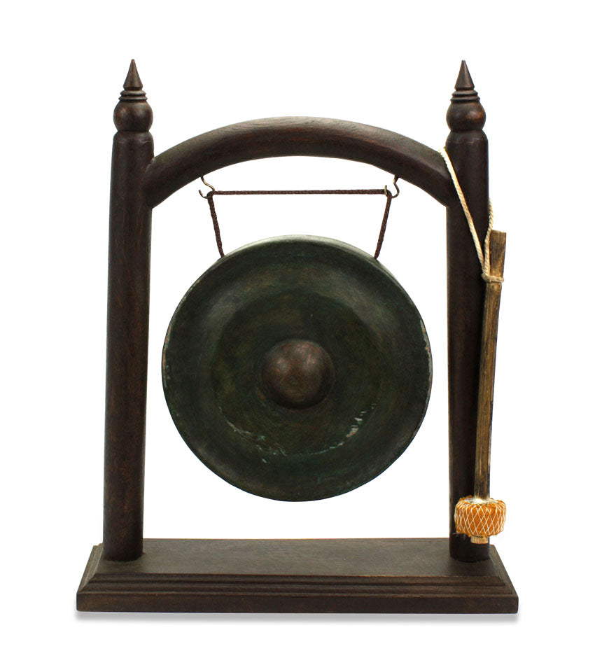 Thai metal gong, antique bronze finish - dark wood with conical finials, 34.5cm high - farangshop-co