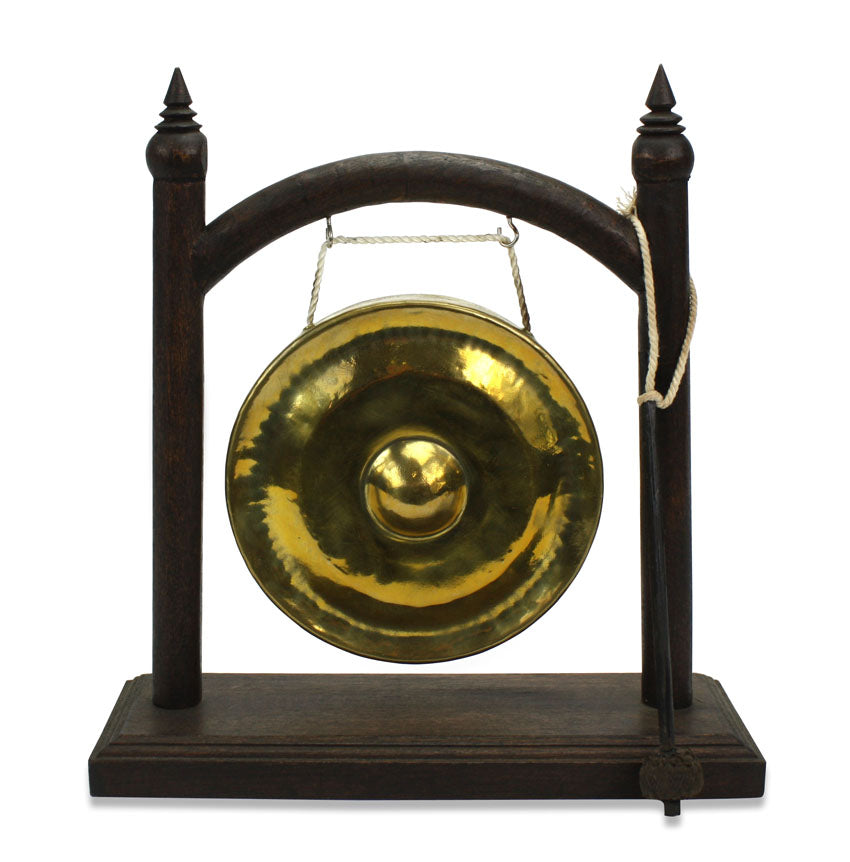 Thai metal gong, gold finish - dark wood with conical finials, 28cm high - farangshop-co
