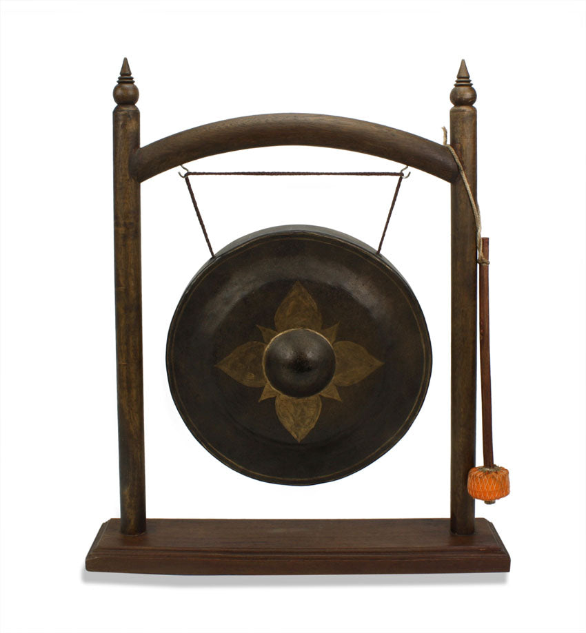 Thai metal gong, antique bronze finish - dark wood with conical finials, 49cm high - farangshop-co