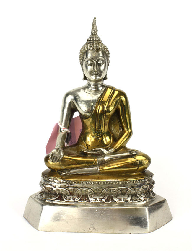 Thai Duotone Silver and Gold Metal Seated Buddha Statue, approx 22cm high - farangshop-co