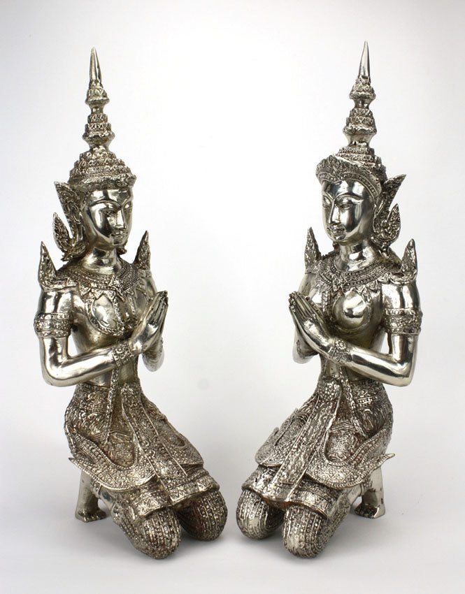 Pair of Thai Thepanom in Silver Metal Finish, approx 33cm high - farangshop-co