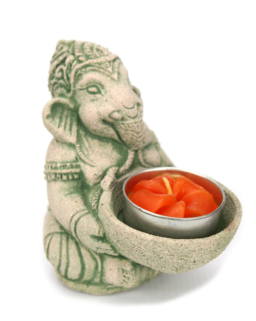 Seated Ganesh Sandstone tealight candle holder, 10cm high - farangshop-co