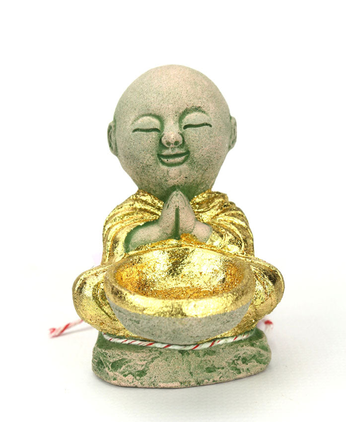 Small Seated Sandstone monk tealight candle holder - Options with Real Gold Leaf or Plain Finish, 12cm high - farangshop-co