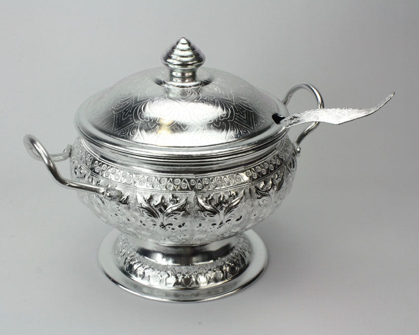 Traditional Thai Aluminium Metal Rice Serving Bowl and Serving Spoon, 20cm diameter - farangshop-co
